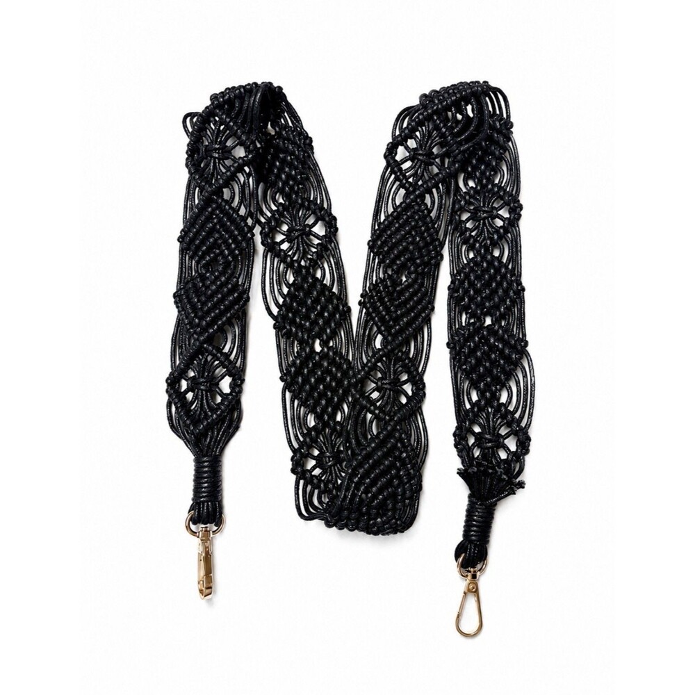 Handmade Black Macrame' Hand Knotted Purse Strap Gold Tone Swivel Clasps
